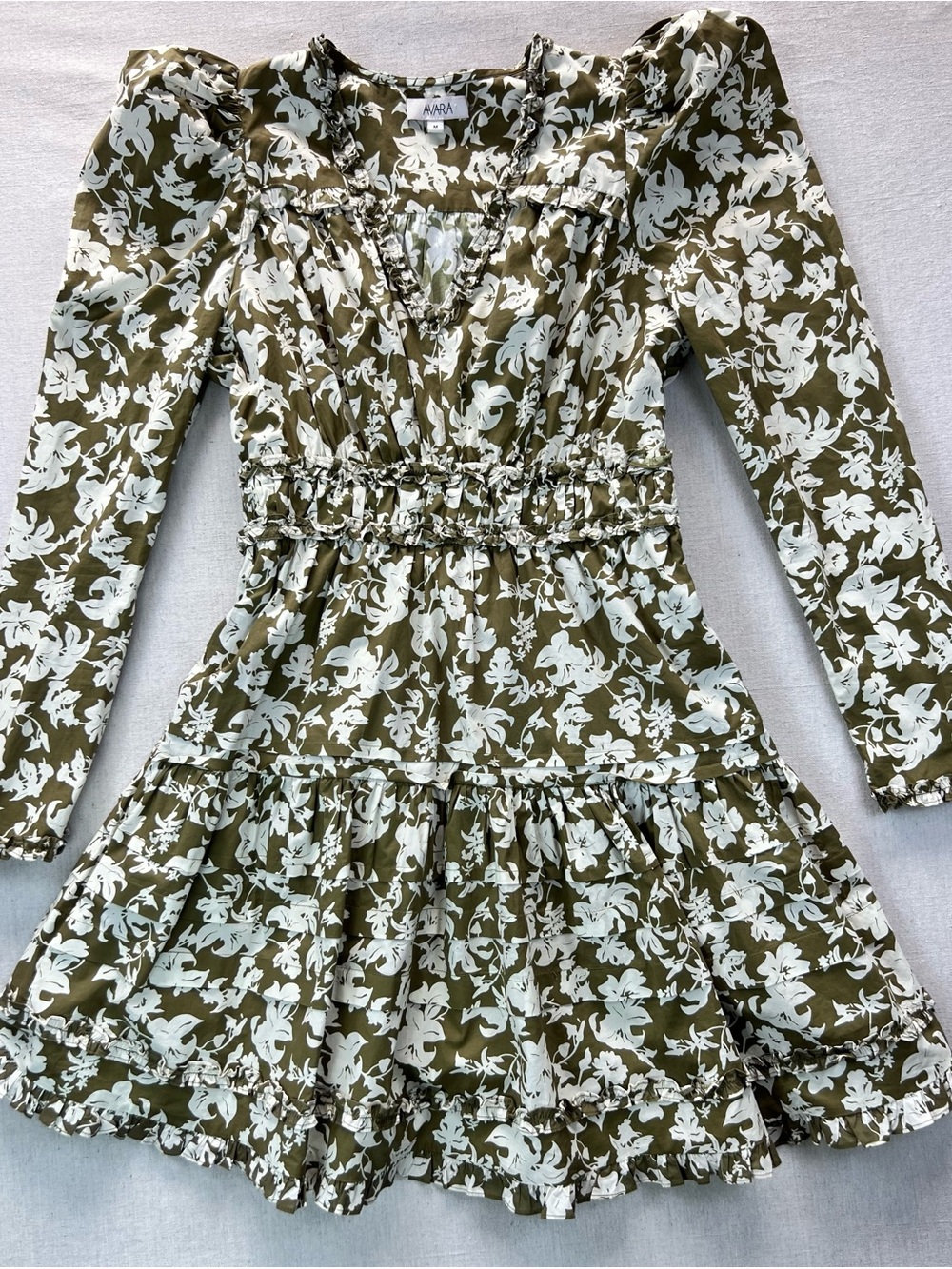Women’s Olive Green and White Floral Ruffled Tiered Long-Sleeve Dress - Size M